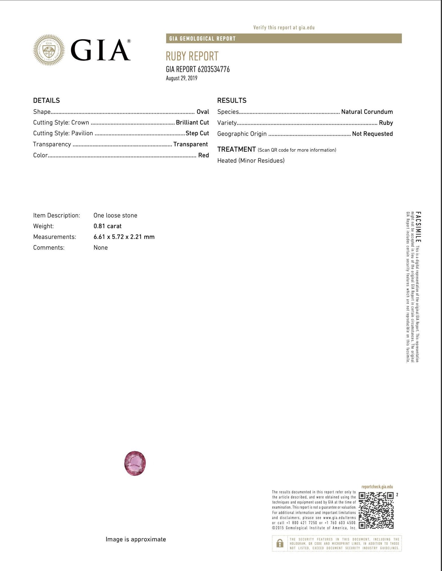 Captivating 0.81ct Oval Transparent Heated (Minor Residues) Natural Red Ruby: GIA Report #6203534776