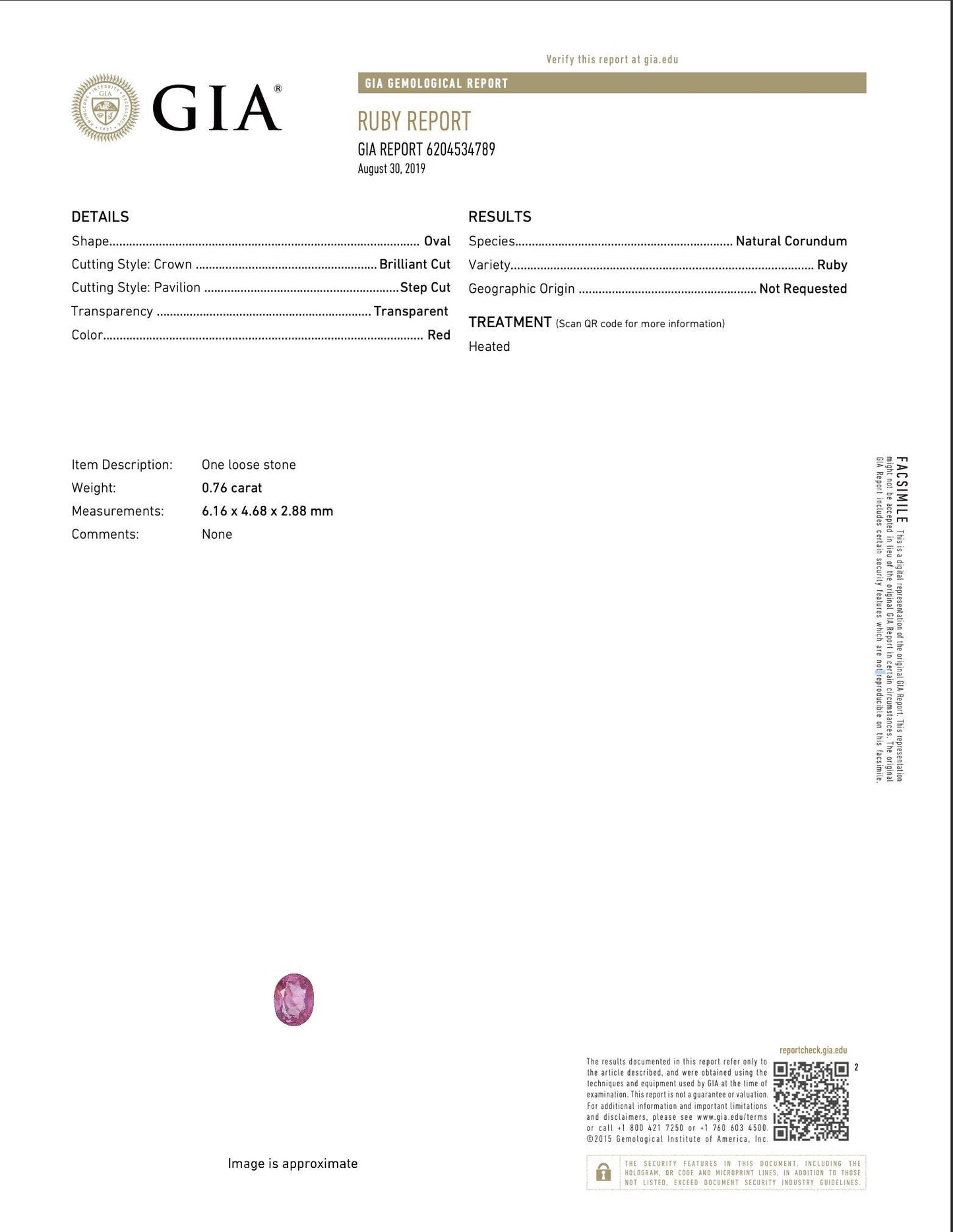 Captivating 0.76ct Oval Transparent Heated Natural Red Ruby: GIA Report #6204534789