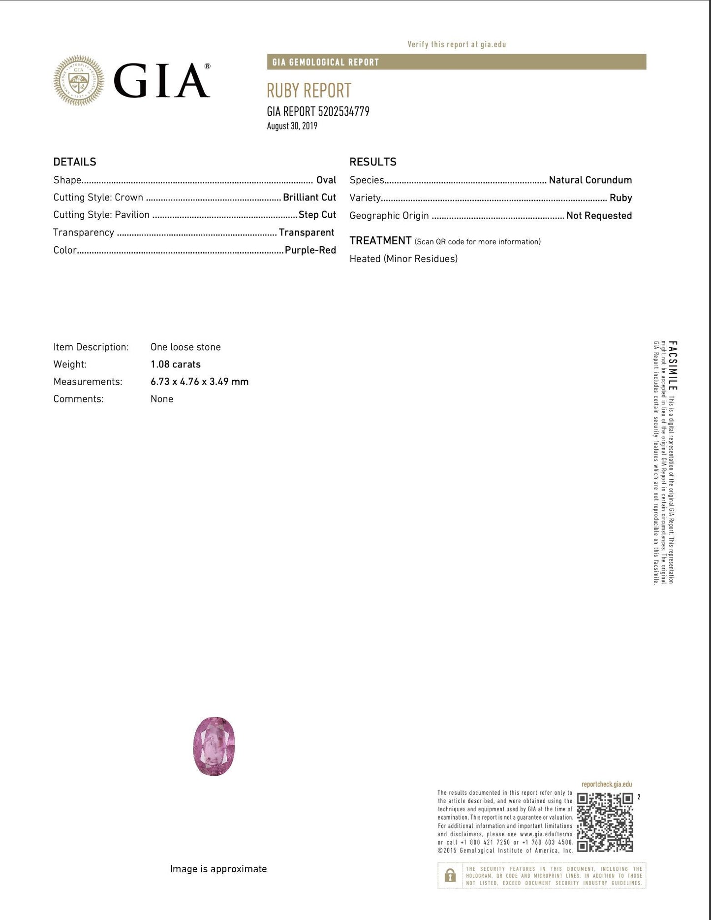 Lovely GIA-Certified 1.08ct Oval Transparent Natural Heated (Minor Residues) Purple-Red Ruby: GIA Report #5202534779