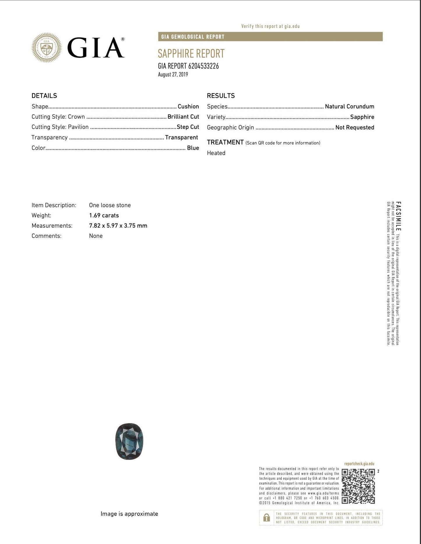Exquisite GIA-Certified 1.69ct Cushion Heated Transparent Blue Natural Sapphire: GIA Report #6204533226
