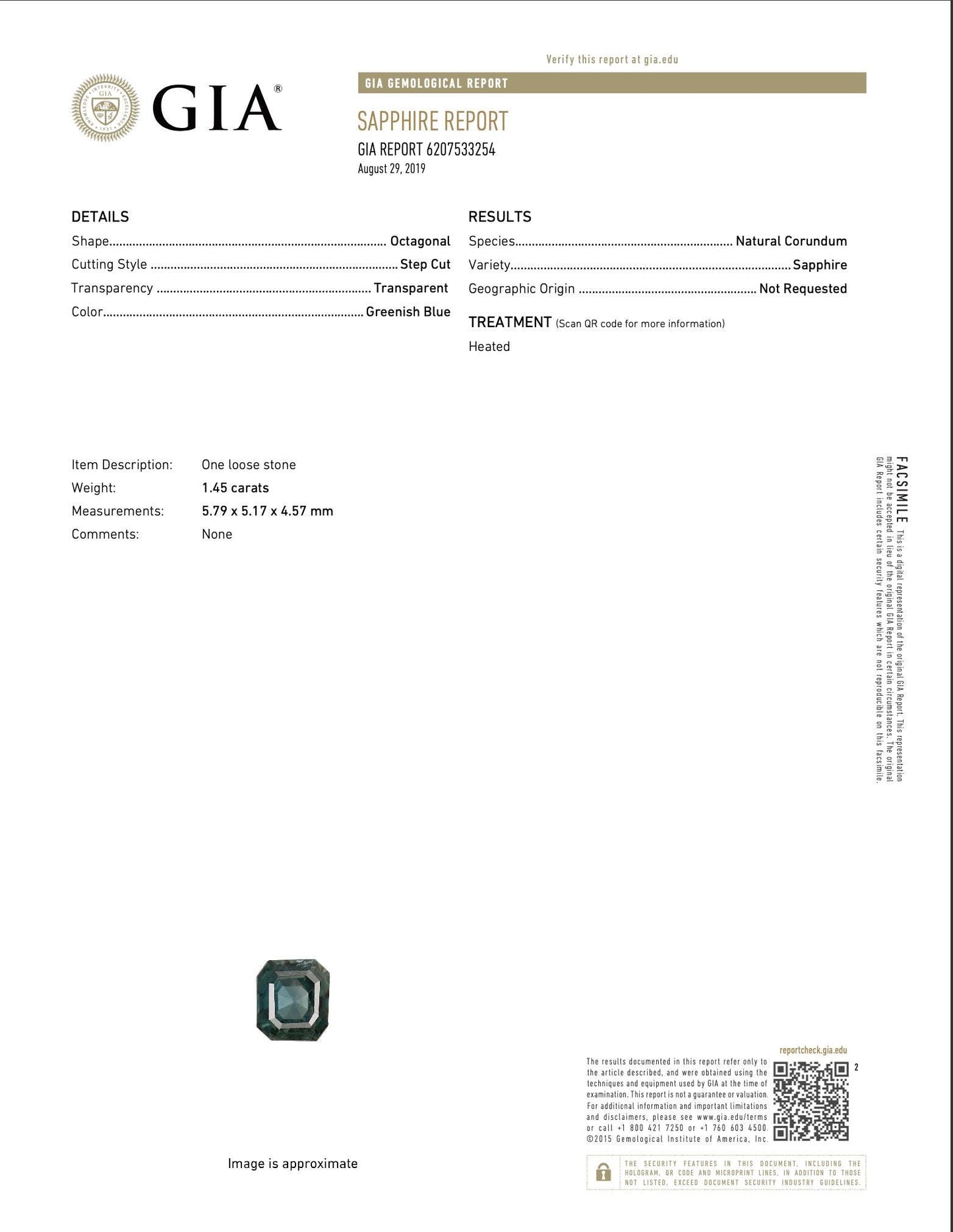 Exquisite GIA-Certified 1.45ct Octagonal Heated Greenish-Blue Natural Sapphire: GIA Report #6207533254
