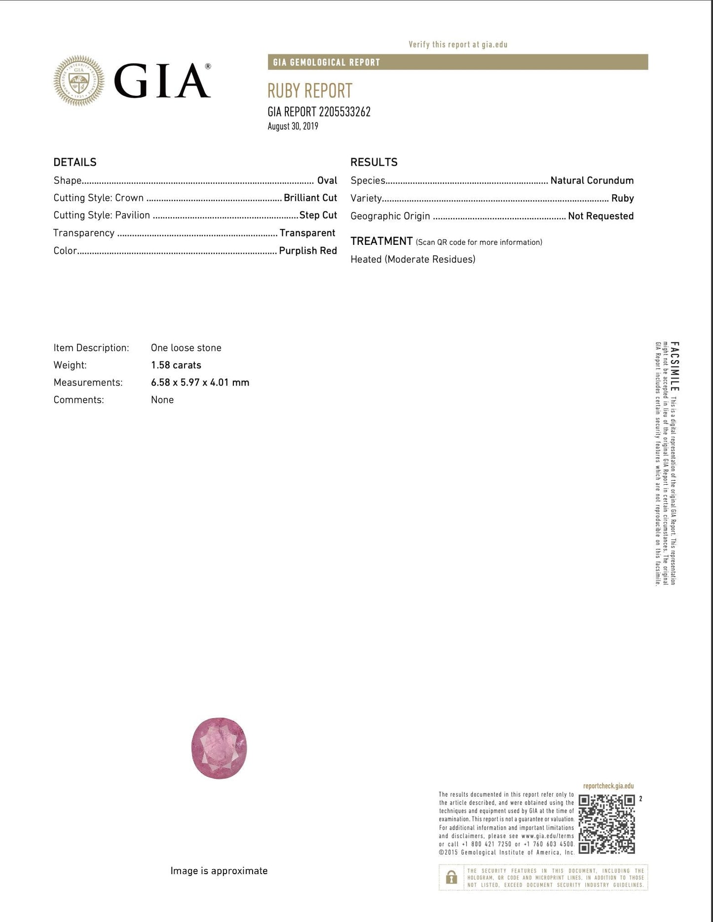 Beautiful GIA-Certified 1.58ct CushionTransparent Natural Heated (Minor Residues) Purple-Red Ruby: GIA Report #2205533262