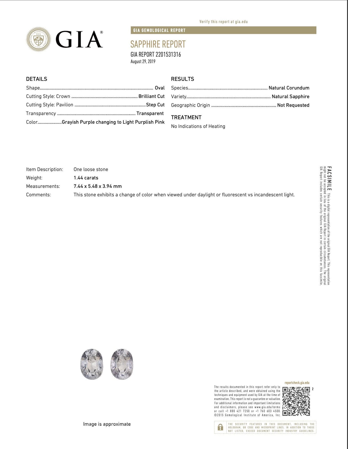 GIA-Certified 1.44ct Oval Transparent Color Change Grayish Purple to Pink Natural Sapphire: GIA Report #2201531316